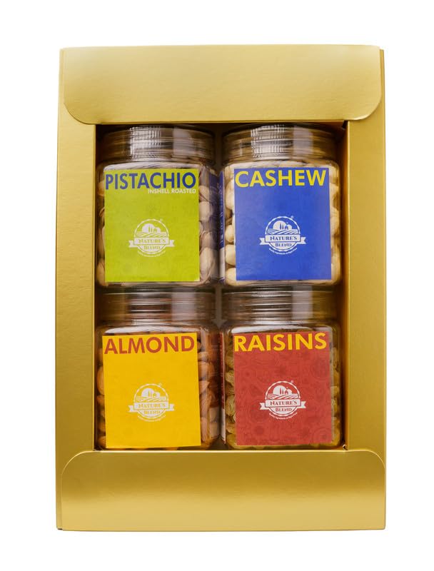 Image of Nature's Blend - Essential Dry Fruits|Festive New|Pack of 4|250g Jar|Almond, Cashew, Pistachio Inshell Roasted, Raisins|Soft Top