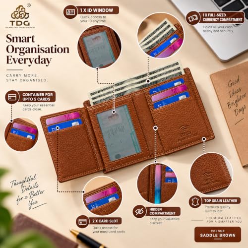 Image of TDG Top Grain Leather Trifold Wallet for Men, Saddle Brown