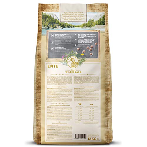 WILDES LAND – Ente | Trockenfutter mit extra hohem Fleischanteil und natürlichen Zutaten für ausgewachsene Hunde. Alleinfutter ohne Zusatzstoffe im Beutel | 12kg Ente
