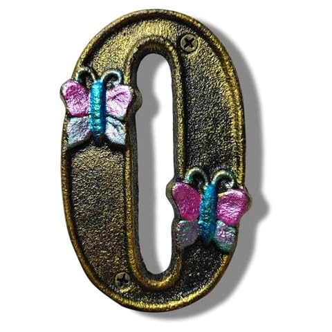 4.8" High Brass Cast Iron House Numbers - Unique Home Address or Mailbox Number - Rust-Resistant Design for Timeless Elegance/Antique Brass Finished/Number 0 Cover