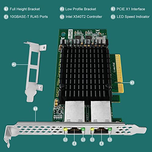 Image of X540T2 Dual 10GbE RJ45 Ports Converged Ethernet Adapter for Servers and Desktop PCs. Intel X540AT2 10Gb /s Ethernet Controller, PCIE x8 to 2X 10Gbps RJ45 Ports NIC Card, for Storage & Gaming