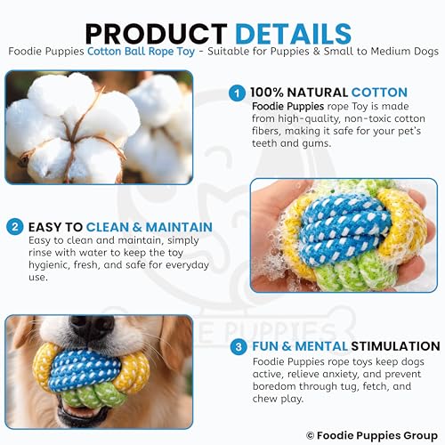 Image of Foodie Puppies Dog Rope Ball Toy for Dogs and Puppies | Pure Cotton, Strong Braided and Chew Safe Rope Toy | Teething, Chewing, Fetching, and Playing (Color May Vary)