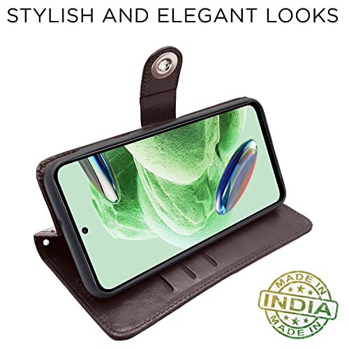 Image of Pikkme Poco X5 5G / Redmi Note 12 5G Flip Cover Leather Finish | Inside TPU with Card Pockets | Wallet Stand and Shock Proof | Complete Protection Button Flip Case (Coffee)