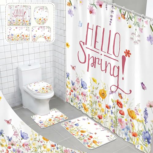 FUTBU Spring Shower Curtain Set for Bathroom Blooming Flowers Bathroom Supplies for Spring Accessories Decor Set Non Slip Rugs Toilet Lid Cover U Shape Bath Mat and 12 Hooks