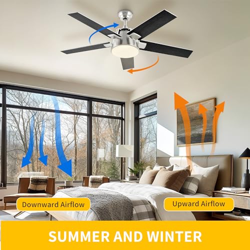 DWVO Ceiling Fan with Light and Wall Switch Remote, Quiet Reversible Motor, Dimmable LED Color, Memory Function for Bedroom Living Room Patio Indoor Outdoor, 52 Inch Modern Silver & Black Fan,