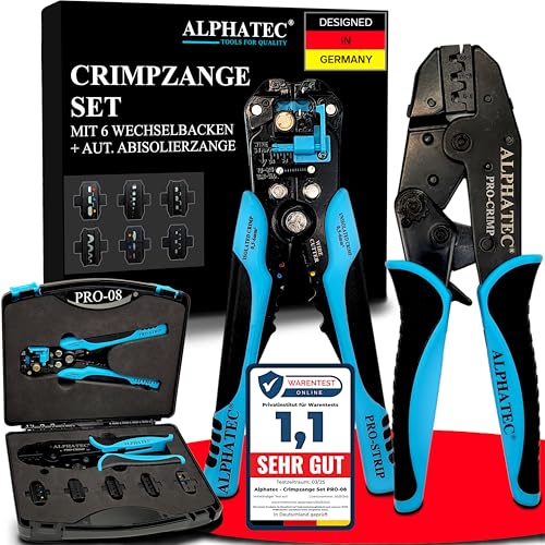 ALPHATEC Crimpzange Set mit Wechselbacken inkl. automatische Abisolierzange - [0 25-10mm] - Crimpzange Kabelschuhe Aderendhülsenzange Flachstecker MC4 Zange PV Solar - Krimpzangenset 8-teilig