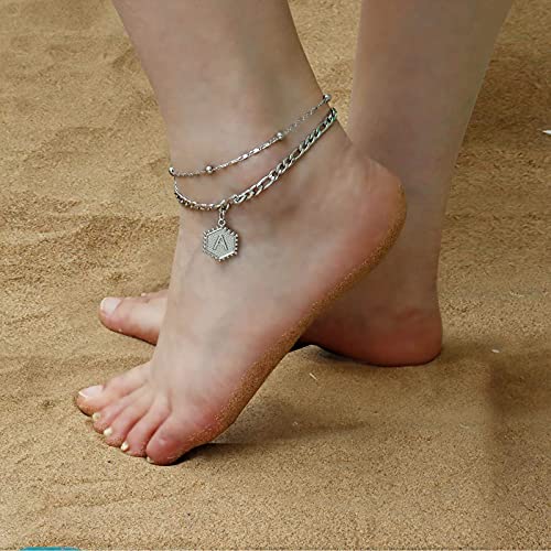 T Silver Initial Anklet For Women Layered Beaded Hexagon Letter Ankle Silver Cuban Link Anklet Bracelet For Women Men Dainty Letter Name Ankle For Teen Girls ((Silver T) #TOP1
