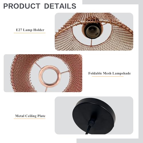 KRUIHAN Modern Vintage Pendant Light E27 Chandelier Ceiling Lamp Foldable Metal Mesh Cage Hanging Lighting Shade for Dinning Room Bar Restaurant Bedroom Cafe(Rose Gold) - Image 3