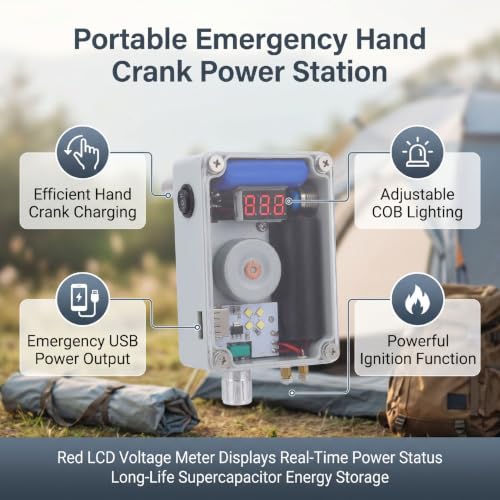 Generador de Manivela EBTOOLS, Cargador USB Portátil de Emergencia con Luz COB Regulable, Encendido con Mechero, Medidor de Voltaje LCD Rojo para Camping al Aire Libre miniatura 4