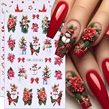Christmas Nail Stickers Red Flower Nail Decals 5PCS 3D Self-Adhesive Snowman Candy Cane Elk Tree...