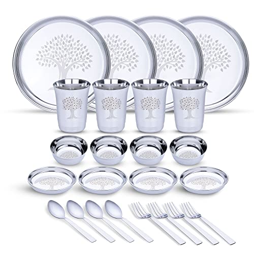 Limetro Steel Stainless Steel Dinner Set for 4 Persons | Complete Indian Thali Set with Plates, Bowls/Katori, Glass, Spoon & Fork | Tree Design Steel 