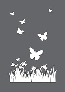 Rayher 45123000 Pochoir motif Printemps, Din A5 (14,8X21,0cm), gris/blanc, auto-adhésif, réutilisable, 3 pces. avec raclette, technique de sérigraphie, papillons