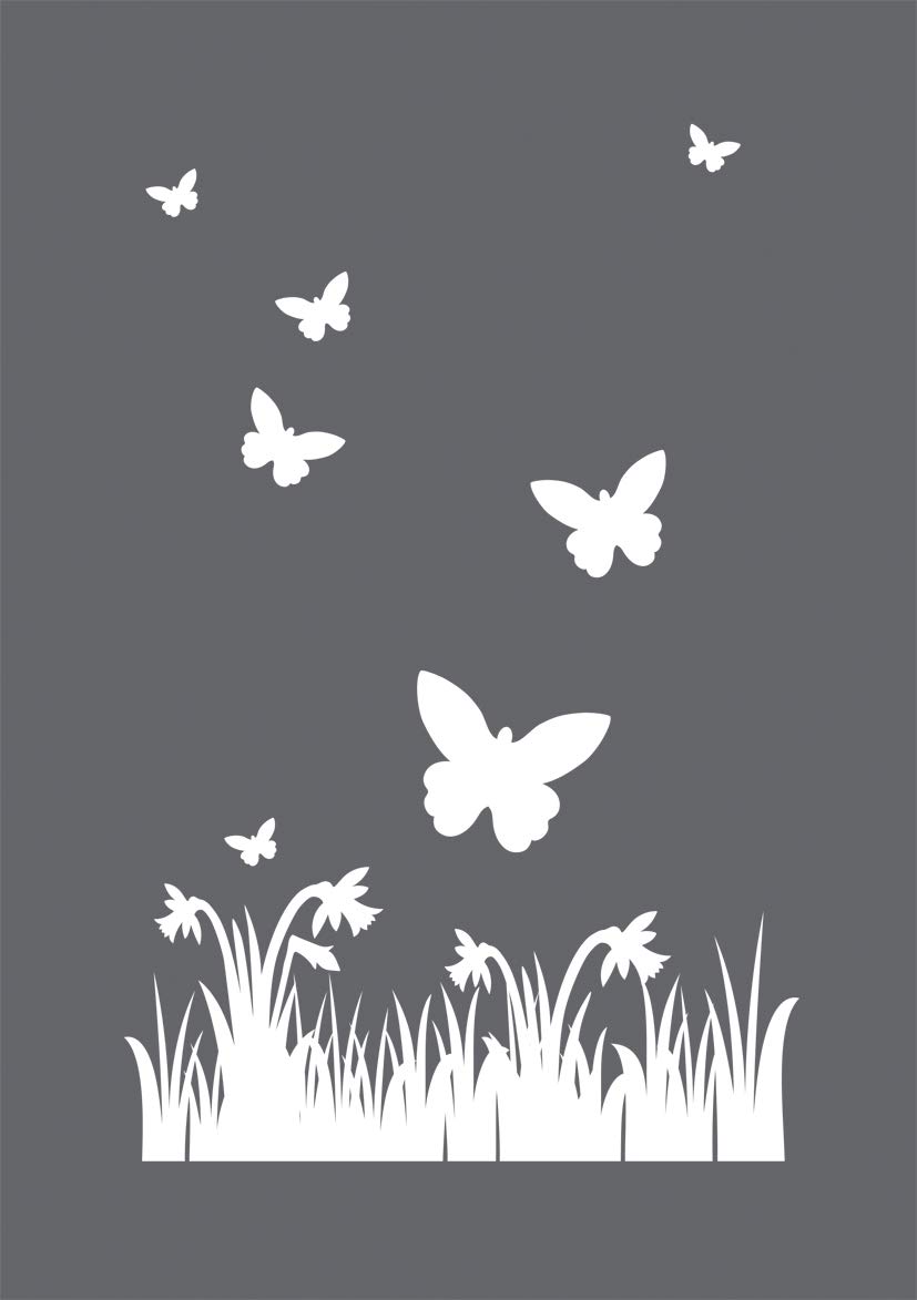 Rayher 45123000 Set of Mask Stencil and Craft Squeegee for Crafts and Painting, Reusable Silk Screen Template with Butterfly and Daffodils Design, 14.8x21cm