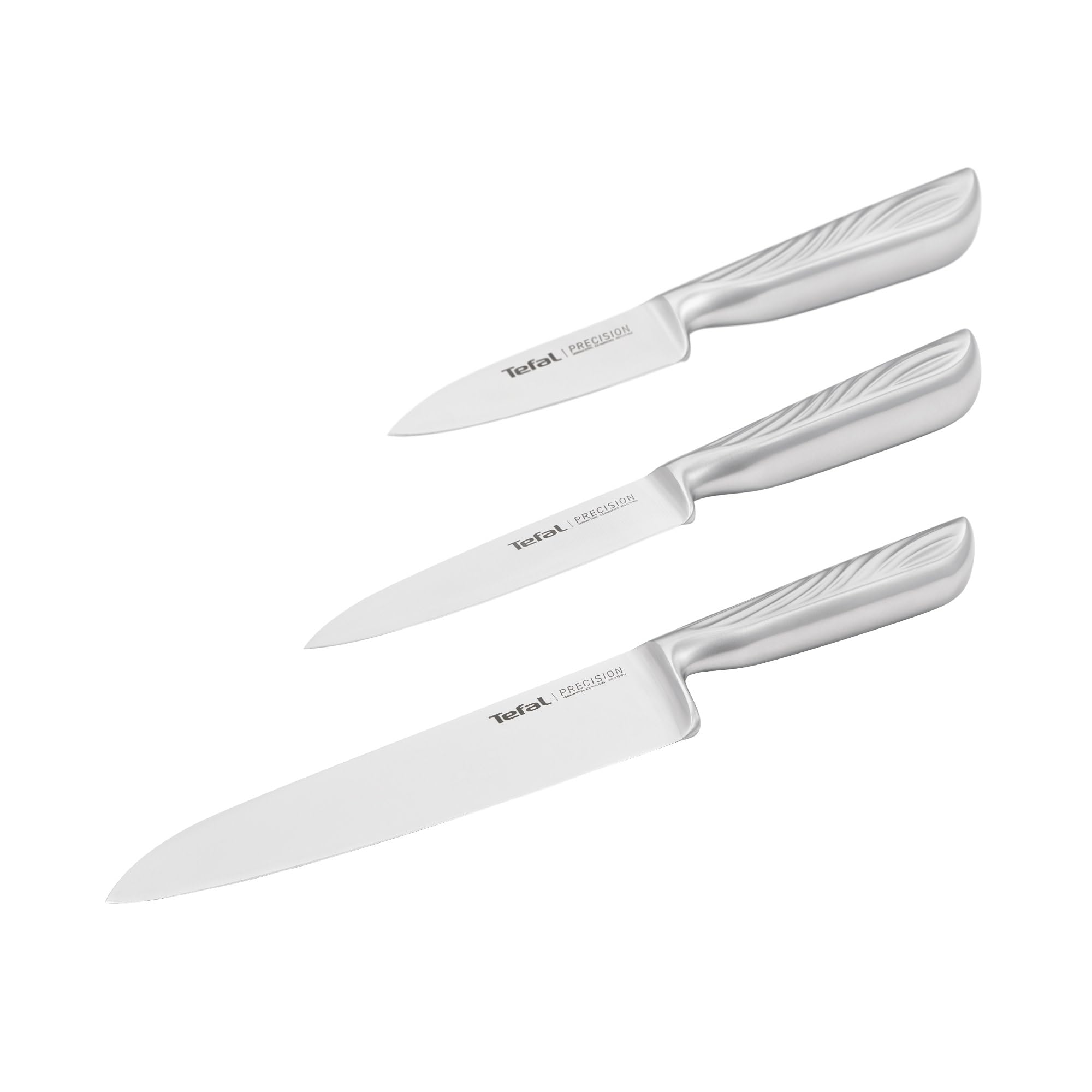 Tefal Precision, Juego de 3 Cuchillos de Cocina, Chef 20 cm, Multiusos 12 cm, Pelador 9 cm, Corte preciso, Afilado óptimo y duradero, Acero inoxidable alemán, Mango ergonómico antideslizante, K289S334