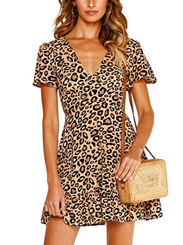 Clothink Damen Leopardenmuster Kurzarm Kleider Wrap V Ausschnitt Swing Casual Sommerkleid, Khaki, X-Groß Cover
