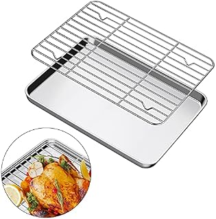 Baking Tray with Rack Set, Stainless Steel Baking Sheet with Cooling Rack 12 x 10 x 1 in, Easy Clean & Dishwasher Safe, Oven Trays for Bread/ Biscuits/ Meat Cooking