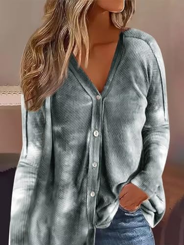 Image of Flamingals Casual Long Sleeve V-Neck Tie Dye Knit Button Up Fall Trendy Loose Pullover Tops Gray M
