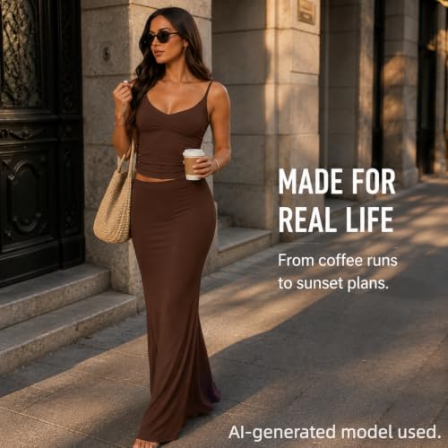 Image of Two Piece Skirt Set Women Maxi Long Skirt and Top Outfit | Soft stretchy 5 pc, slim bodycon, adjustable spaghetti straps, ruched crop tank, elastic waist, going out, beach vacation