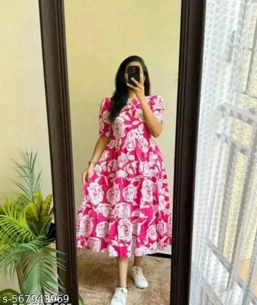 Image of Women's Rayon A-Line Midi Dress, Floral Print, Short Sleeves, Round Neck, Tiered Design