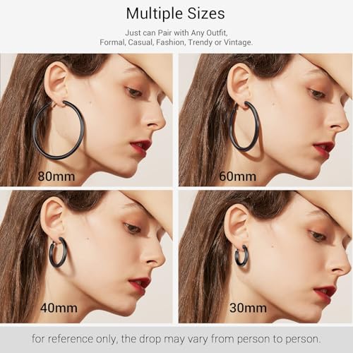 Image of Stainless Steel Chunky Hoop Earrings For Women, Minimalist and Chic, Black /Gold Plated, Round Hoops Earrings Hypoallergenic, Size: 30mm /40mm /60mm /80mm, Come with Box