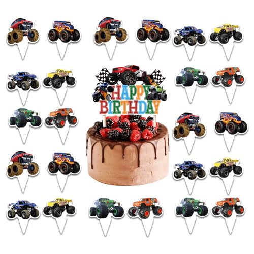 25 piezas de decoración para tartas de coche, decoración de cumpleaños de monstruos, decoración de cumpleaños para niños, decoración de tartas, decoración de cumpleaños, decoración de camiones, para