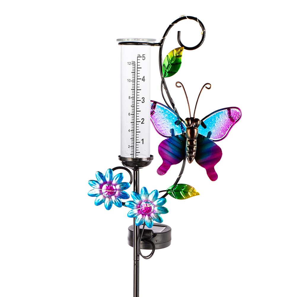 Schmetterlings-Regenmesser mit 12,7 cm Glasrohr, Solar-Regenmesser mit LED-Lichtern, Regenwassermessgerät Dekor für Terrasse, Garten, Hof, Messung von Niederschlag