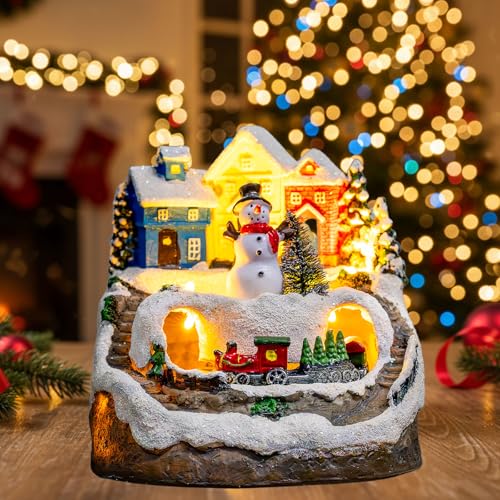 ZQQLITE Animated Musical Christmas Snowman Village Houses with Rotating Train, Lighted Christmas...