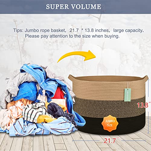 Image of Large Cotton Rope Blanket Basket, 87L Laundry Hamper, Brown & Black