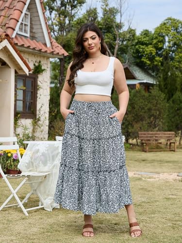 Womens Plus Size Boho Maxi Skirt Floral Tiered Long Flowy Maxi Skirt with Pockets High Waisted Summer Beach Skirt3