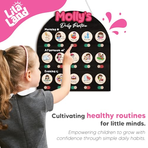 Image of Personalized Wooden Chore Chart for Kids, Daily Routine Chart for Toddlers, Visual Schedule for Kids Age 3-5, Morning Bedtime Routine for Girls (08)