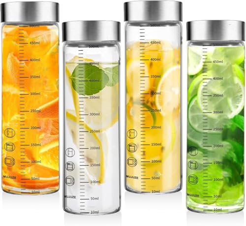 MUJUZE Glasflaschen 500ml mit Edelstahl Deckel,4er Smoothie Gläser Sets mit Messskala,Smoothie Becher to go für Säfte,Smoothies,Milch,Glas-Saftflaschen,BPA-frei,Wiederverwendbar Glaswasserflasche