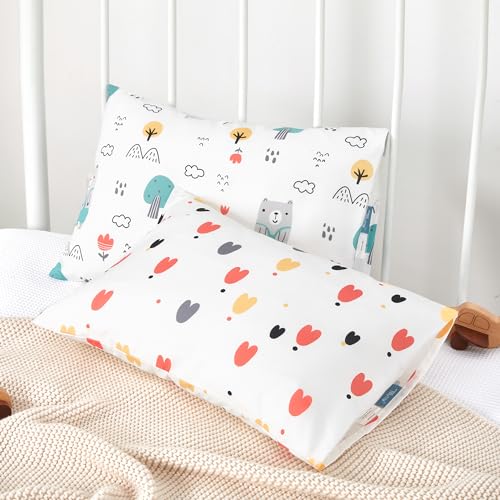 Image of TILLYOU Toddler Pillowcase 2 Pack with Envelope Closure,Silky Soft Microfiber 13 inch x 18 inch Kids Travel Pillow Cases,Bib Bear & Colorful Love