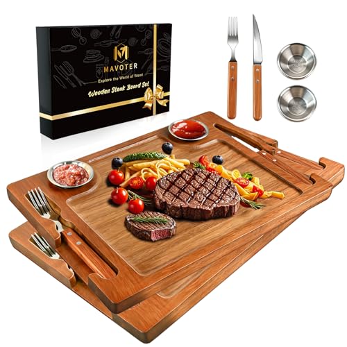 2 Set Acacia Wood Steak Plates Board Set for Eating, Meat Cutting Boards for Steak Food Serving Tray with Fork, Knife & Ramekins,Charcuterie Platter for Family Dinners, BBQ,Parties & Entertaining