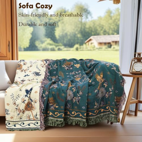 Boho 100% Cotton Large Throw Blanket - All Season Rustic Ultra Soft Breathable Floral Bird King Blanket for Bed Sofa Couch Chair Bedspread Quilt Gift, 91" x 98"-Teal/Beige