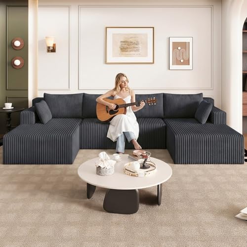 Image of 124 inch U-Shape Cloud Couch, Modern Modular Sectional U-Shape Sofa, Corduroy Boneless Couch Upholstered Couches Deep Seat Sleeper Chaise Longue for Living Room, No Assembly Required,Dark Gray