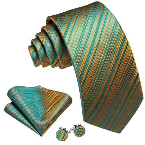 Image of Barry.Wang Tie Sets for Men Silk Stripe Necktie Woven Checkered Handkerchief Cufflinks Formal Business Wedding