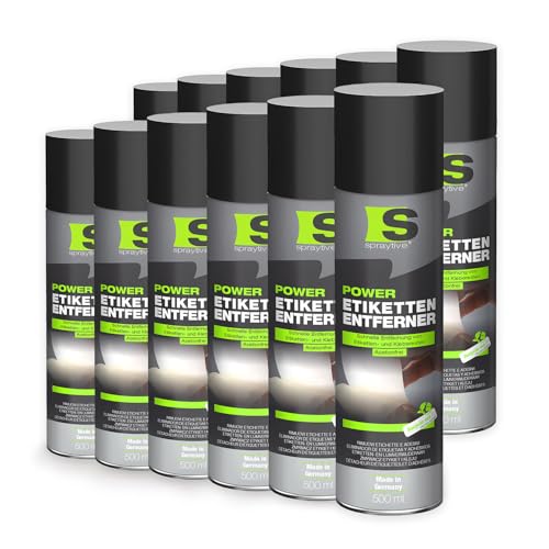 Spraytive Power - Eliminador de etiquetas (12 x 500 ml, sin acetona, residuos de pegamento y etiquetas), limpiador para pegatinas y colores marcadores, eliminación rápida y sin residuos, fabricado en