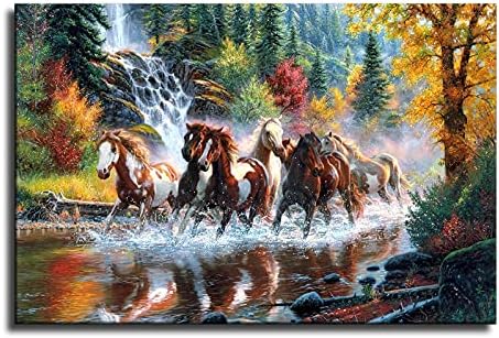 Seven Lucky Running Wild Horses Wall Art Animal Posters Canvas Printing Mountain Stream Landscape Picture for Living Room Office Study Room Decoration Gift for Friends or Family (16×24inch,unframe)-YangTing