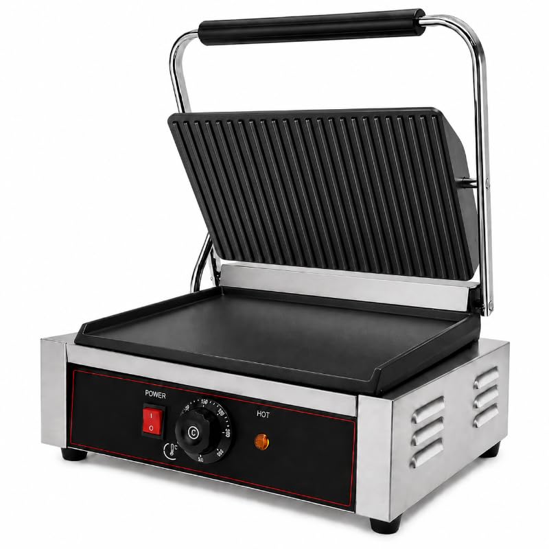 Grill Panini Professionnel Électrique - Plaques Rainurée/Lisse - 2,2 kW - Température 0 à 300°C - Large Surface de Cuisson