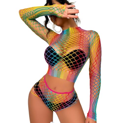 Gatamiau Tenue Sexy en Maille Colorée Femme Résille Transparente Arc-en-Ciel Vêtements de Nuit Fishnet Moulante Manches Longues Clubwear Festival Rave Club Plage (Coloré B)