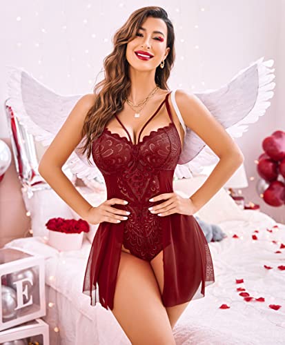 Avidlove Babydoll Lingerie for Women Floral Snap Crotch Teddy Chemise Nightie Lace Nightgown3