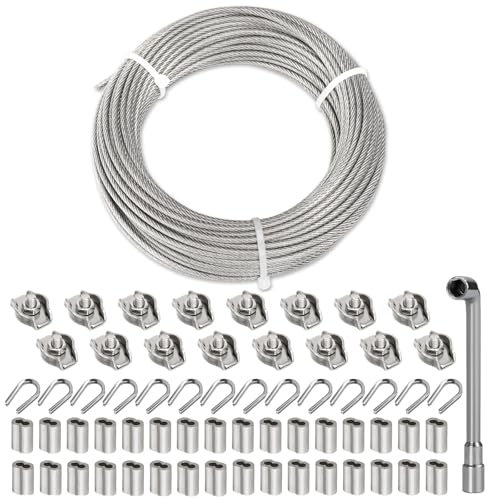 TooTaci Câble en Acier Inoxydable 30M/3mm Câble Métallique Gaine PVC avec Serre-Câbles M3 & Manchons de Sertissage M3, Cosses M3, pour Fil de Jardin,...