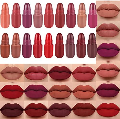evpct 18Pcs Capsule Pills Lipstick Mini Matte Lipstick Set for Women Long Lasting labiales mate 24 horas originales Deep Red 24 Hour Waterproof Stay on Matte Mate Lipstick and Lip liner Set Sampler