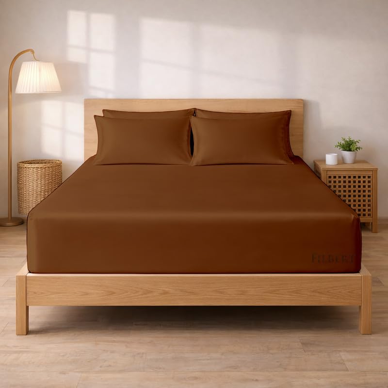 Image of Filbert - Premium Satin Fitted Bedsheet Single Bed (36x75 Inch) with 1 Pillow Cover | Hypoallergenic Breathable | Hair and Skin Friendly, Women Gift Choice|Chocolate