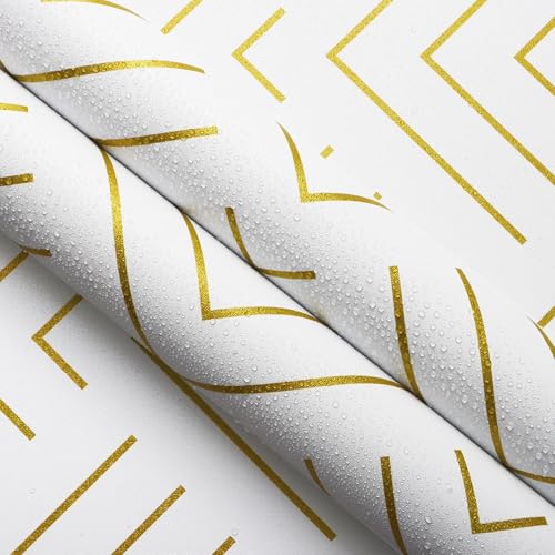 Image of TEKCOOL Self Adhesive Wallpaper White and Gold Pattern Peel and Stick Wallpaper Gold Lines Geometric Sticky Back Vinyl Removable Contact Paper Wall Covering Decorative Film DIY 45x300cm (White-2pc);
