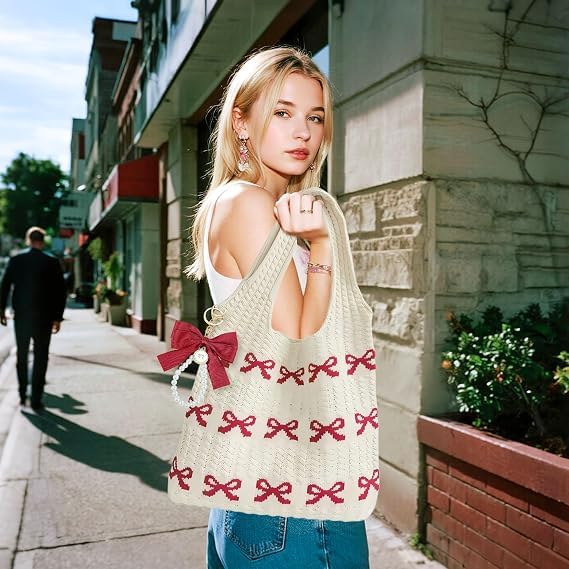 Image of JeVenis Crochet Tote Coquette Bow Aesthetic Beach Mesh Knitted Shoulder Bag | Crochet Tote Coquette Bow Aesthetic Hobo Bag for Women Boho Shoulder Handbag Beach Mesh Knitted Shoulder Bag