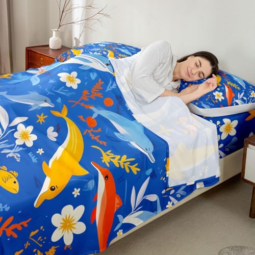 Image of jejeloiu Dolphin Bed Sheets Sets King Size Kids Boys Girls Ocean Bedding Set Sea World Bed Sheet Set with 16-Inch Deep Pockets Underwater Sea Animal 4Pcs with 2 Pillow Cases