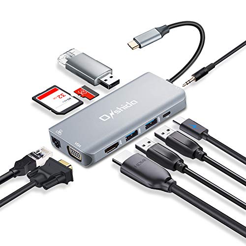 Onshida Hub USB C, 10 en 1 Adaptador Aluminio, HDMI, Ethernet Rj45 1000mbps, Carga Rápida Tipo C, 1080P VGA, 3* USB 3.0, 3.5mm Salida de Audio, Lector Tarjetas SD/TF, para Macbook, Google ChromeBook