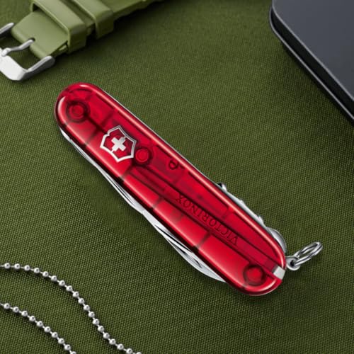 Image of Victorinox Huntsman Swiss Army, 15 Function Pocket Knife, Red Transparent | Swiss Made Multi-Tool with Wood Saw, Scissors & Screwdriver Compact Design for Camping, Hiking and Daily Carry