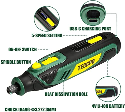 TECCPO Mini Cordless Rotary Tool Kit 4V with 53 Accessories, USB Charging and 5-Speed for Trimming, Cutting, Drilling, Etching, Sanding, Engraving, Polishing & Light-Duty DIY & Crafting(Green)